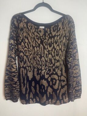 Chico's Women’s Navy Blue and Gold Animal-Print Scoop Neck Sweater Size:  LP